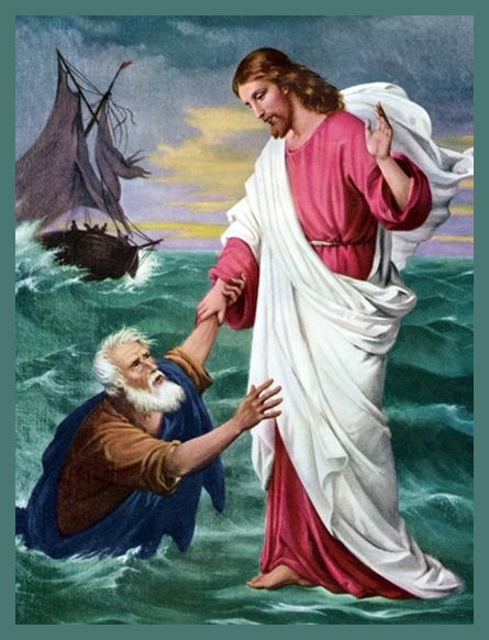 Biblical illustration of Christ saving Peter on the sea, as retold in Stories From God’s Holy Book for children.