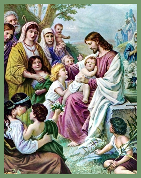Jesus surrounded by children and families, a faith-filled image connected with Sunday Morning Storyland Catholic stories.