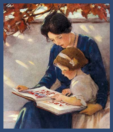Mother teaching her young daughter with Tell Us Another! Stories That Never Grow Old storybook in hand.